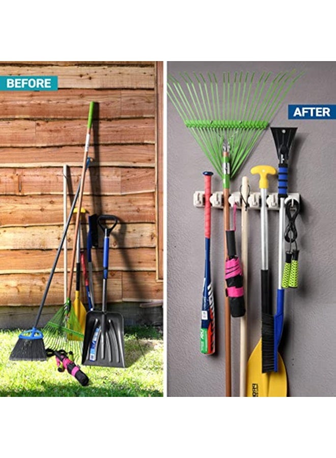 Plastic Mop & Broom Holder Wall Mount, 5 Position Organizer with 6 Hooks – Heavy-Duty Garage & Home Storage System - Image 3
